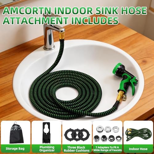 Indoor Sink Hose Attachment for Faucet - (50 FT) Faucet Hose with 7 Adapters for Kitchen Sink Bathroom Sink Faucet, Watering Houseplants, Washing Pets Car Household Cleaning 10-Function Nozzle - Image 5