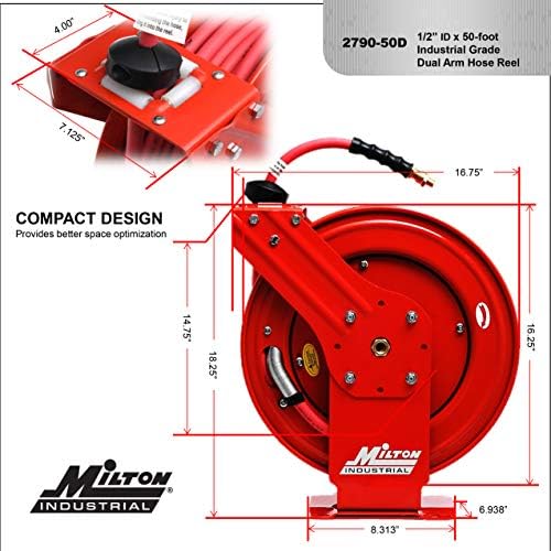 MILTON Industrial Hose Reel 2790-50D, Auto Retractable, Chemical Resistant, Prevent Cracking, Flexible in Extreme Conditions,1/2” Hose ID, 50 Foot Rubber Hose, 300 PSI Max Pressure,1/2" Male NPT, Red - Image 5