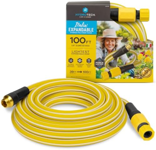 HydroTech Italia Expandable Garden Hose 5/8in x 100ft, Hybrid Polymer Water Hose, Kink-Free Flexible Hose with Force Control Technology, Lightweight Hose for Flowers, Plants & Garden Beds, Yellow by HydroTech