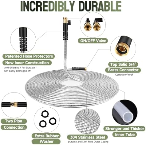 Metal Garden Hose 100 ft Stainless Steel Water Hose Heavy Duty with 10 Way Nozzle-Flexible Lightweight Durable No Kink & Tangle Hoses Pipe Strong 3/4’’ Solid Brass Fitting for Outdoor Yard - Image 2