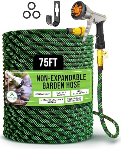 Garden Hose 75 ft, Lightweight, Sturdy Metal Nozzle 9 Spray, Heavy Duty, Leakproof Flexible Water Hose, Durable Multiple Layers, Solid Brass Connectors by WENLOCKSTORE