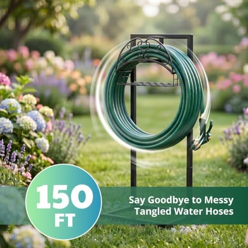 Black Garden Hose Holder Stand, Heavy Duty Freestanding Water Hose Storage Rack with 4 Anchor Spikes Nozzle Groove and Storage Basket Weather Resistant Iron Organizer for Yard Lawn Garden Farm Outdoor - Image 7