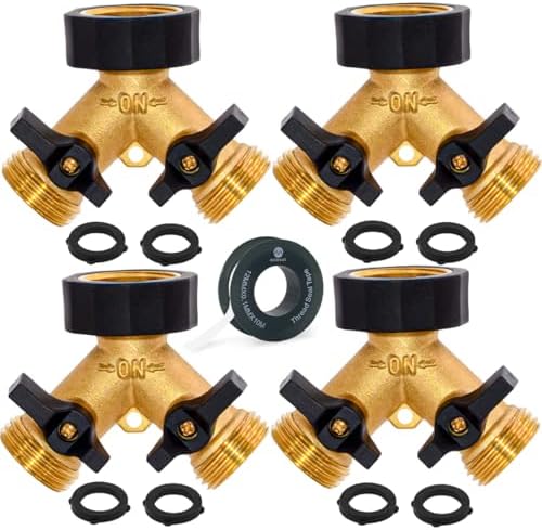 Morvat Garden Hose Splitter with Comfortable Rubber Grip Shut Off Valves, Heavy Duty Brass Connector, Water Tap, Y Splitter, 2 Valves, Outlet, Spigot, Includes 8 Extra Washers & Teflon Tape, 4-Pack by Morvat