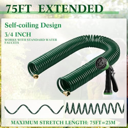 Therwen 75.5ft Recoil Garden Hose with 7 Pattern Nozzle, Green - Image 3