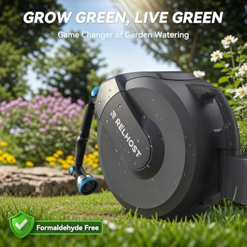 Relhost Retractable Garden Hose Reel, 1/2 in x 65 ft Wall Mount Heavy Duty Hose Reel with Any-Length Lock, Auto Rewind System, 180° Swivel Bracket, and 10-Pattern Nozzle for Garden, Dark Grey - Image 4