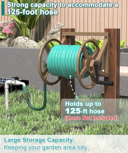 Artigarden Garden Hose Reel Wall Mounted, Outdoor Heavy Duty Powder Coated Metal Water Hoses Holder Winder Holds 125 ft 5/8" Hoses with 3.9ft Leader Hose, Stainless Steel Connector for Outside, Brown - Image 3