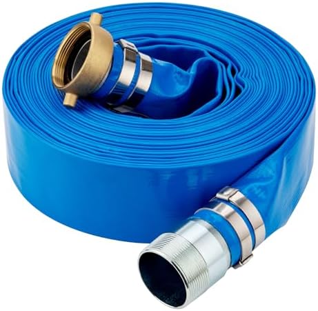 DAVCO 3" ID x 50 ft Pool Backwash Hose, Heavy Duty Reinforced Blue PVC Lay Flat Water Discharge Pump Hoses For Swimming Drain Pools and Clean Filters, with Brass NPT Pin Lug and KC Nipple Fittings by DAVCO