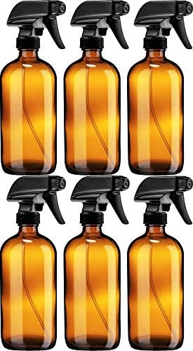 Sally's Organics Empty Amber Glass Spray Bottle - Large 16 oz Refillable Container for Essential Oils, Cleaning Products, or Aromatherapy - Black Trigger Sprayer w/Mist and Stream Settings - 6 Pack by SallysOrganics
