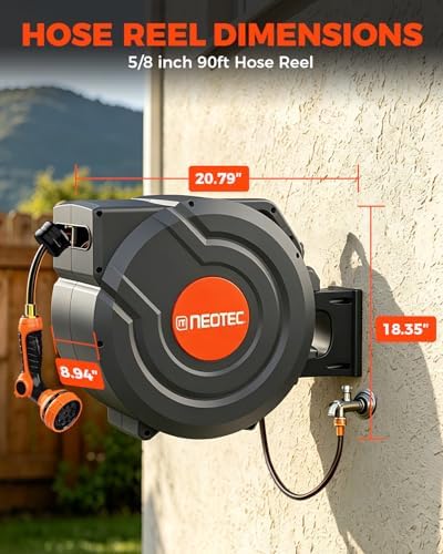 90FT Retractable Garden Hose Reel 5/8 Inch, Heavy Duty Wall Mounted Hose Reel with 9-Pattern Nozzle, Automatic Slow Return & Any-Length Lock, 180° Swivel UV Resistant for Lawn & Car Wash - Image 3