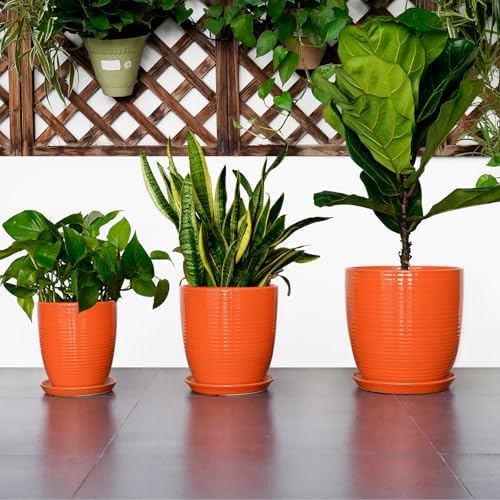 10 Inch Plant Pot, Ceramic Planters for Plants with Drainage and Saucer, Orange - Image 7