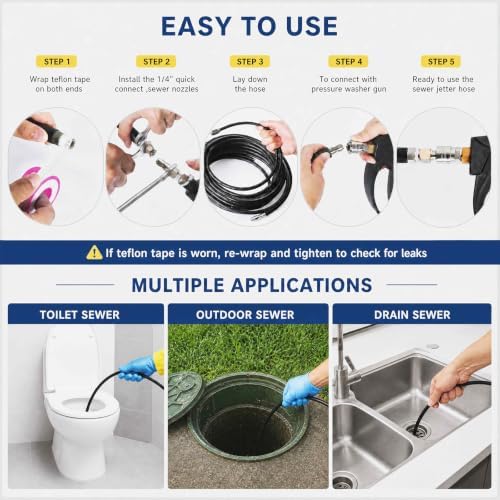 Sewer Jetter Kit for Pressure Washer 70FT, 5800PSI Drain Cleaner Hose 1/4 Inch NPT Corner Rotating and Button Nose Sewer Jetting Nozzle Rotating and Button Nose Sewer Jetting Nozzle (70FT) - Image 4