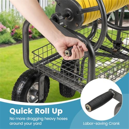 Garden Hose Reel Cart with 4 x 10" Pneumatic Wheels, Heavy-Duty Metal, Holds 300 ft, Crank Handle, Storage Basket - Image 4