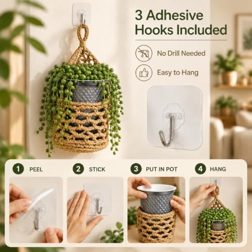 ESOW Hand‑Woven Macrame Wall Hanging Planters with Plant Pots, 3 Pack - Image 5
