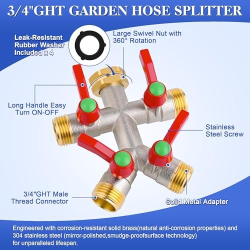 EJW Hose Splitter 4 Way, Garden Hose Splitters, Heavy Duty Faucet Splitter,Rv Brass Water Hose Y Splitter, Hose Connector, Spigot Splitter, Four Way Hose Manifold Valve 3/4 Inch GHT Thread. - Image 2