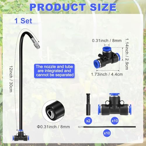 M METERXITY 1-Set Brass Misting Nozzles Tee, 12inch/30cm Tube Len 3-in-1(Dripping, Spraying, Shutoff) Adjustable Copper Mister Sprayer for 0.31"/8mm Tubing Irrigation [Silver Tone/Black] - Image 3