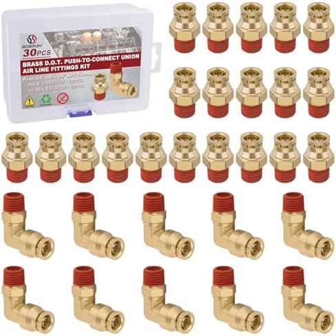 3/8" Tube x 1/4" NPT Male Straight & Elbow Brass Air Fittings Kit, 30PCS by BOERAY