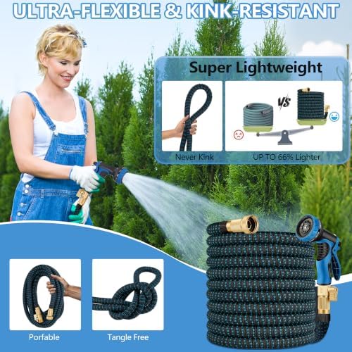 100 ft Expandable Garden Hose - Durable 3750D Fabric, 4-Layer Latex Core, Solid Brass Connectors Expanding Water hoses - 10 Spray Nozzles & Convenient Storage Bag Included - Image 4