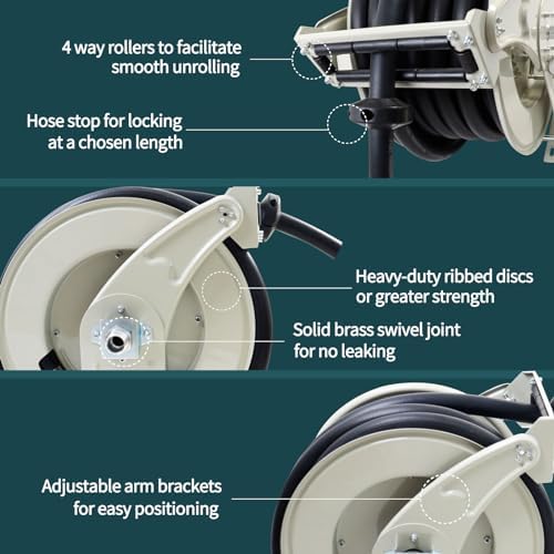 3/4"x50' Fuel Hose Reel Retractable & Fuel Nozzle & Fuel Hose Swivel,Spring Driven Diesel Hose Reel,Inlet 1" NPT Thread Swivel Oulet 3/4" NPT Thread Swivel,Heavy Duty Steel Construction Reel - Image 4