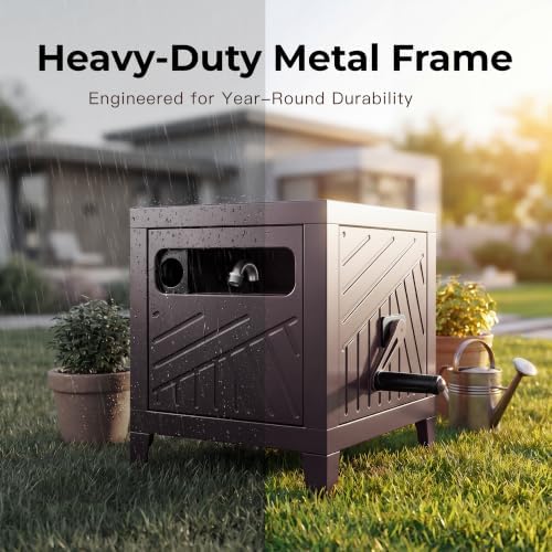 Garden Hose Reel Hideaway, Heavy Duty Metal Hose Reel Box for 125FT x 5/8" Hose, Steel Hose Storage Reel with Manual Crank Handle, Hose Guide System, Leak-Proof Aluminum Fittings, Stable 4-Leg Base - Image 7