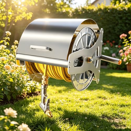 Heavy Duty Wall Mounted Garden Hose Reel, Stainless Steel, Holds 164 ft 1/2-inch Water Hose, Outdoor Manual Winder with Brass Fitting, Space Saving for Yard Garage by Unknown