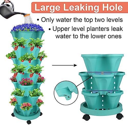 DUNCHATY Stackable Planter, Vertical Garden Planter with Wheels and Tools, Self Watering Strawberry Planter Indoor/Outdoor 7 Tier Herb Planter Pots for Growing Vegetables and Succulents, Teal - Image 4