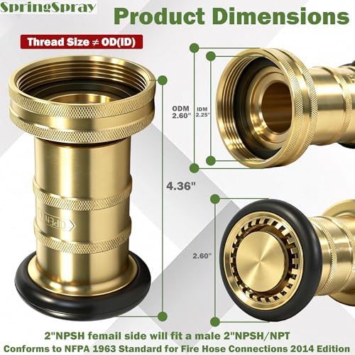 2 Inch Fire Hose Nozzle Brass NPSH/NPT Nozzles 108GPM 100PSI - Image 2