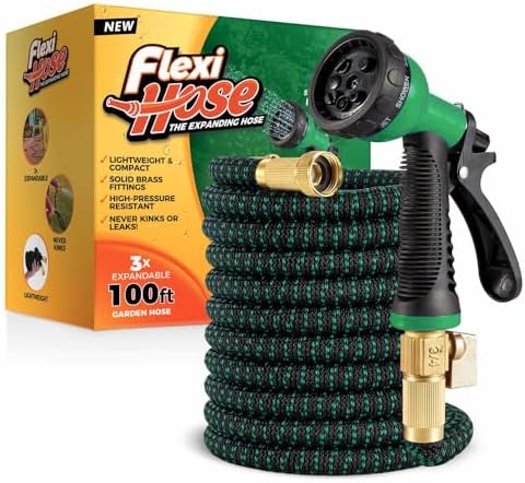 Flexi Hose with 8 Function Nozzle, 100FT - Lightweight Expandable Garden Hose, No-Kink Flexibility, 3/4 Inch Solid Brass Fittings and Double Latex Core - Black and Green by FlexiHose