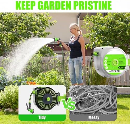 Retractable Garden Hose Reel - 1/2" x 50ft Wall Mounted Hose Reel with 10-Function Sprayer Nozzle, UV Resistant, 180°Swivel Bracke, Slow Return System (50FT) - Image 5