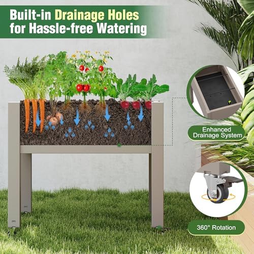 Elevated 26.3" Tall Raised Garden Bed with Wheels - Outdoor Mobile Resin Planter Box with Drainage Holes for Vegetables Flower Herbs, Weather Resistant, Gray (26.3" h) - Image 5