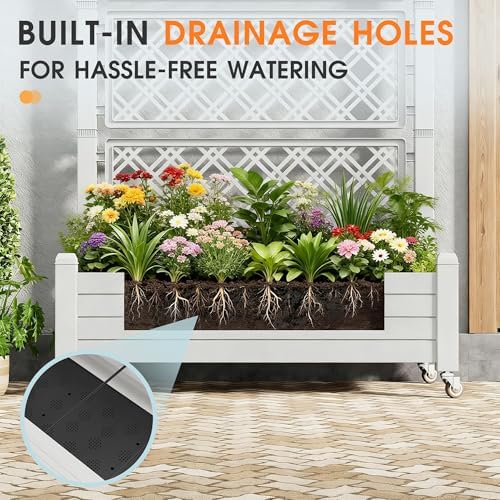Resin Raised Garden Bed with Trellis and Wheels - Plasitc Planter Box with Trellis Outdoor with Drainage Holes & Water Monitor for Climbing Plants, Flower, Medium Ashen(61.2" H) - Image 5