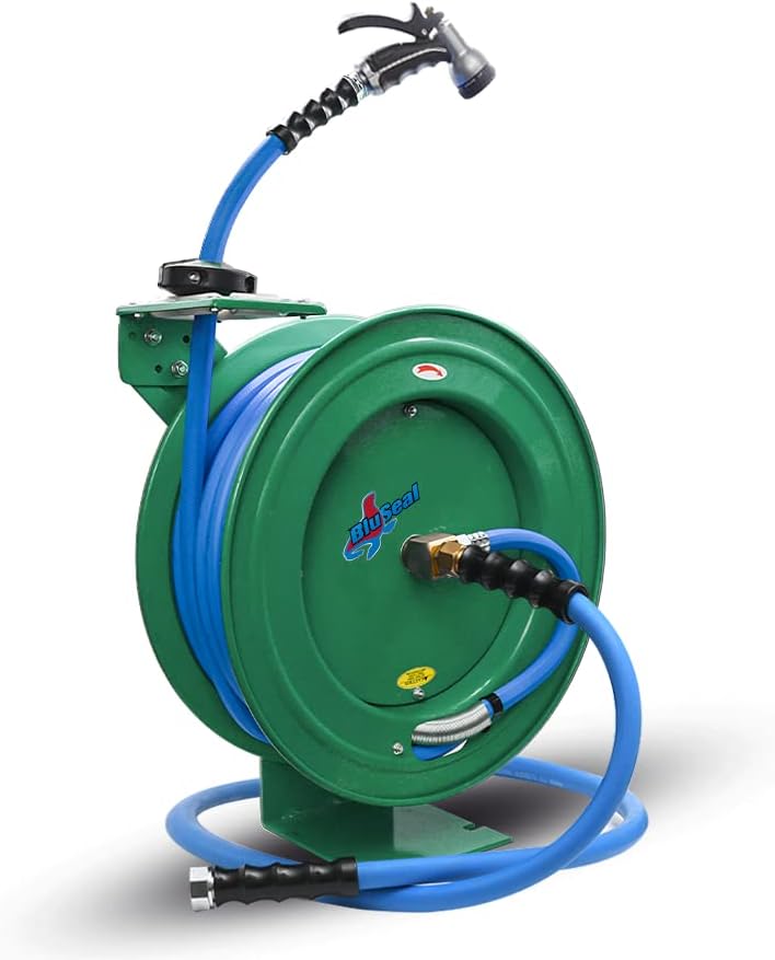 RMX BluSeal Auto Retractable Water Hose Reel with Hot & Cold Water Rubber Garden Hose, Spray Nozzle - Ultra Light, Super Strong with 6' Lead-in Hose (5/8” x 50’ Green) by RMX+BluSeal