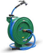 RMX BluSeal Auto Retractable Water Hose Reel with Hot & Cold Water Rubber Garden Hose, Spray Nozzle - Ultra Light, Super Strong with 6' Lead-in Hose (5/8” x 50’ Green) by RMX+BluSeal