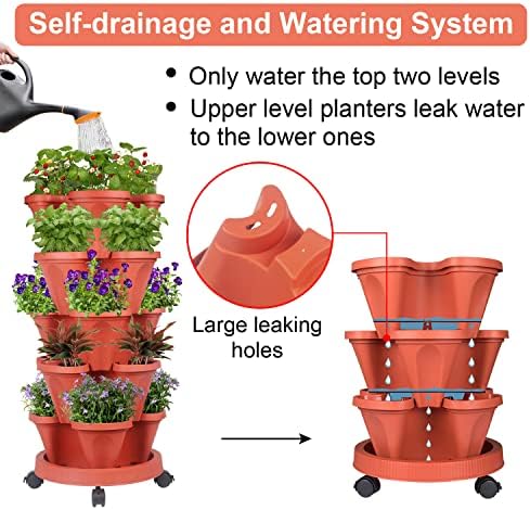 GameXcel Vertical Planter Tower - 5 Tier Stackable Garden Planters with Wheels and Tools Plant Pots for Strawberry Herb Flower and Vegetable Indoor Outdoor Use Red 2 Pack - Image 3