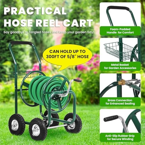Hose Reel Cart, Hold Up to 300 ft of 5/8’’ Hose, Heavy Duty Garden Water Cart with 4 Wheels, Powder-coated Steel Outdoor Planting with Storage Basket for Garden, Lawn, Yard, Green - Image 4