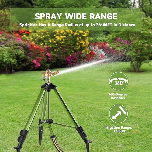 Impact Sprinklers on Tripod Base with Ground Plugs,Heavy Duty Brass Head Sprinkler with 360 Degree Spray,0-44ft Large Area Irrigation,Tripod Sprinkler with Extension Legs for Yard Garden Lawn,1 Pack - Image 6