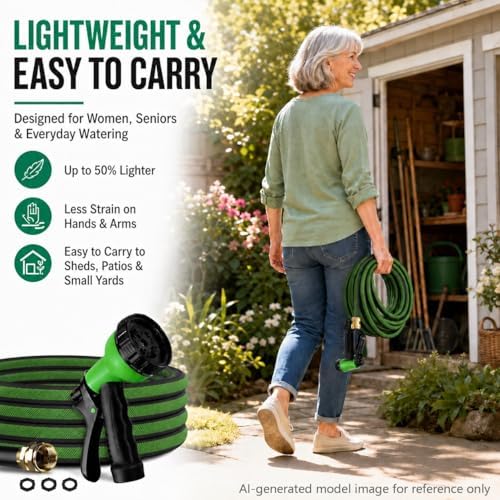 100FT Non-Expandable Flat Garden Hose with 10 Function Nozzle,No-Kink,Green - Image 2