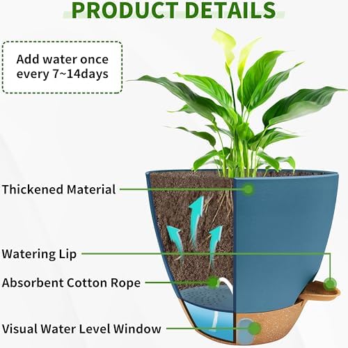 12/10/9/8 inch Self Watering Pots with Visual Water Window, Extra Large Self Watering Plant Pot with Drainage Holes and Saucers, Blue Flower Pots for Indoor Plants - Image 3