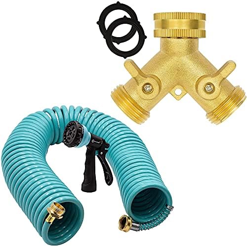 AUTOMAN-Garden-Water-Hose-Recoil,50 Feet EVA Curly Water Hose with Brass Connectors & AUTOMAN Garden Hose Splitter 3/4’’, Anti-UV High-Grade Brass Hose Splitter with High Pressure-Resistance. by AUTOMAN