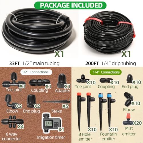 233FT Drip Irrigation System with Timer for Garden Kit Automatic Irrigation Equipment Lock Fittings Micro Drip 360 Degree Fan Sprayer Watering Kit for Greenhouse 1/2 inch 1/4 inch Tubing - Image 2
