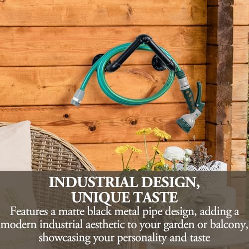 MyGift Black Metal Pipe Garden Hose Holder, Wall Mounted Hose Rack - Image 3