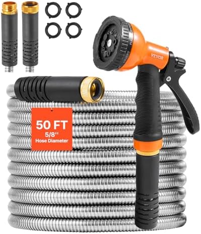 VEVOR Garden Hose Metal 50FT – Heavy Duty Stainless Steel Water Hose, Flexible, No Kink & Tangle, Puncture Resistant & Rust Proof, Lightweight w/ 10-Function Spray Nozzle for Yard, Outdoor, Gardening by VEVOR
