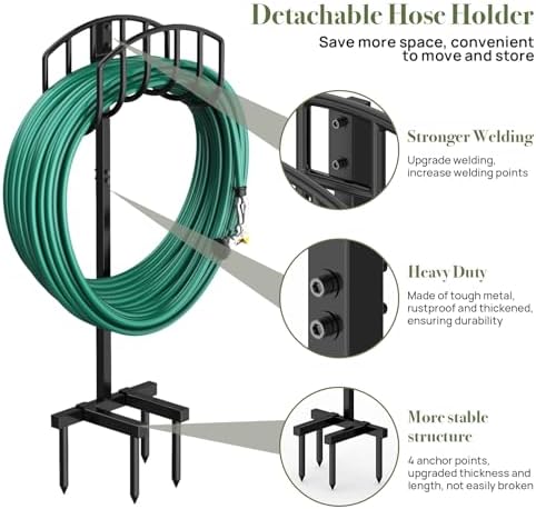 Winpull Garden Hose Holder Detachable Heavy Duty Metal Water Hose Hanger, Freestanding Hose Storage Stand Rack for Outside (Black) - Image 2