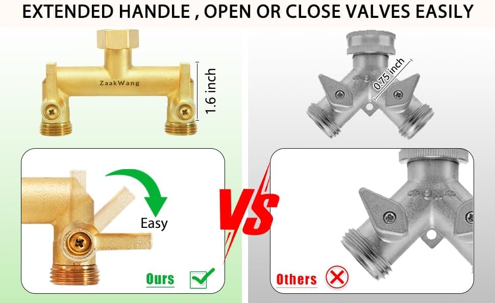 Heavy Duty Brass 2-Way Garden Hose Splitter, 3/4" GHT Threads, Metal Shutoff Valve, Long Handle（2 pack） - Image 4