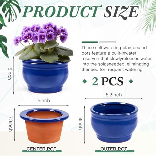 2 Set 6 Inches African Violet Pots Ceramic Self Watering Pots for Indoor Plants with Highly Absorbent Inner for Busy Plant Lovers Flower Maintenance (Blue) - Image 3
