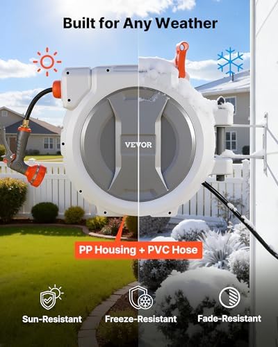 VEVOR Retractable Garden Hose Reel, 1/2 in x 130 ft, Wall Mounted Hose Reel with 9-Function Sprayer Nozzle and 180° Swivel Bracket, Any Length Lock, Automatic Slow Rewind System, for Garden Watering - Image 4