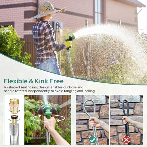 HOMEIDEAS 100 ft Leak-proof Stainless Steel Metal Garden Hose Set - Newly Premium SUS304 Spring Protective Sleeve, Anticorrosive 3/4" Brass Fittings - Perfect for Outdoor Watering - Image 3