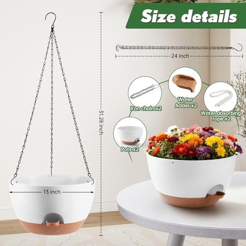 13-inch Oversized Hanging Planter Set of Two,Planters for Indoor and Outdoor Plants.Place Plant pots Across Diverse Settings Including windowsills,Living Room,and Gardens.White-Brown - Image 3