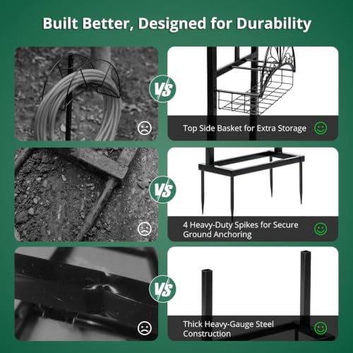Garden Hose Holder Stand, Black Steel Heavy Duty Freestanding Water Hose Storage Rack with 4 Reinforced Anchor Spikes and Storage Basket Waterproof Stable Organizer for Yard Lawn Garden Farm - Image 6