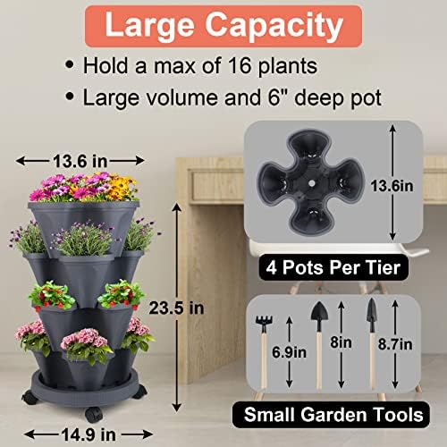 DUNCHATY Stackable Planter, Vertical Garden Planter with Wheels and Tools, Self Watering Strawberry Planter Indoor/Outdoor 3 Tier Herb Planter Pots for Growing Vegetables and Succulents, Dark Gray - Image 3