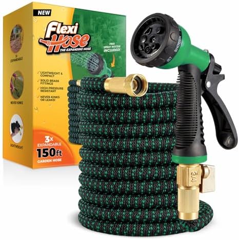 Flexi Hose with 8 Function Nozzle, 150FT - Lightweight Expandable Garden Hose, No-Kink Flexibility, 3/4 Inch Solid Brass Fittings and Double Latex Core - Black and Green by FlexiHose
